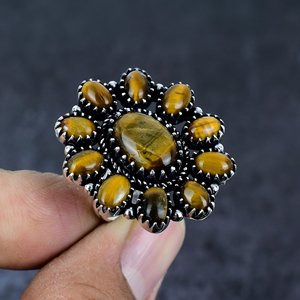 Anillo de Racimo de Ojo de Tigre Natural, Chapado en Plata 925, Diseño Floral Vintage, Engaste de Canal, Joyería Unisex, Regalo para Esposa - Product Image 3