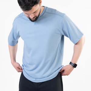 Custom Wholesale Light <b>Blue</b> V Neck Collar Detail T Shirt <b>Mens</b> Relaxed Fit Cotton Jersey Half Sleeve Crewneck Vintage Style Tees - Product Image 2