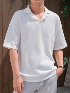 เสื้อโปโลผู้ชายผ้าฝ้ายเนื้อวาฟเฟิลทรงหลวมไหล่ตก - Product Image 6