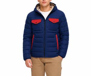 Men's Blue Puffer <b>Jacket</b> Red <b>Pocket</b> <b>Zipper</b> Front Windproof Casual Winter Outerwear Regular Fit Solid Color Fleece Lined Filled - Product Image 1