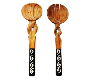 Ensemble de service à salade en bois et os torsadés, ensemble de serveurs à salade en bois naturel avec 2 spatules, ustensiles durables faits à la main - Product Image 1