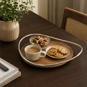 Premium Wooden Round Decorative Tray with Metal Rim | Accent Coffee <b>Table</b> Display Organizer Centerpiece Home Decor Serving Tray - Product Image 3