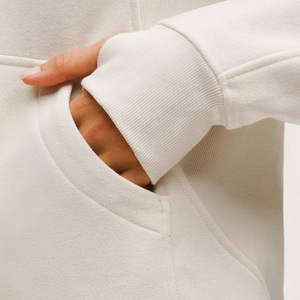 <b>Women's</b> <b>Cream</b> Hooded Sweatshirt Full Sleeve Solid Color <b>Fleece</b> Half Zipper Front Breathable Autumn Casual Wear - Product Image 5