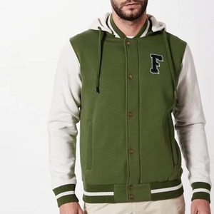 Veste universitaire verte pour homme, manches blanches, style preppy, à capuche, lettre F brodée, fermeture boutonnée sur le devant, coupe classique, automne - Product Image 1