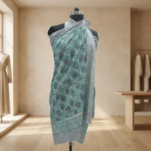 Aqua Blue Hand Block Printed Cotton <b>Sarong</b> Scarf Floral Wrap with Striped Border Lightweight Beach Cover Up Stole - Product Image 3