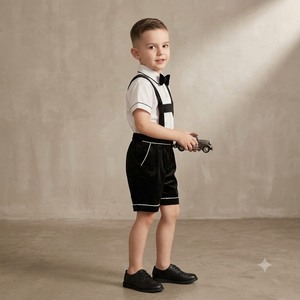 Ensemble de tenue formelle pour garçons, short en velours, bretelles noires, chemise blanche, nœud papillon, vêtements de fête pour enfants, Premium P2BLQC01-TDE01 Chaiko House - Product Image 1