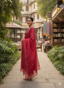 Elegante Conjunto de Kurti Negro de Algodón Puro con Estampado a Mano, Dupatta de Algodón Mul Rojo y Adornos de Espejo - Product Image 2