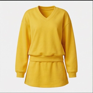 Women's 2 Piece <b>Knitted</b> <b>Set</b> V Neck Long Sleeve Solid Yellow Loose Fit Casual Tops and Above Knee Skirt Suit - Product Image 1