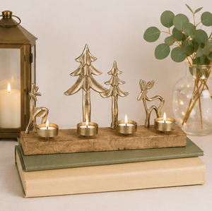 Handcrafted Metal Reindeer and Pine <b>Tree</b> Christmas Candle Holder With Mango Wood Base Antique Gold Finish <b>Tabletop</b> Tealight - Product Image 6