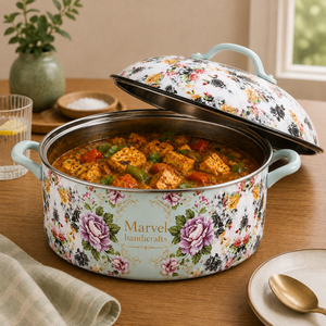Casserole en émail floral Marvel Handicrafts avec couvercle, pot de service isotherme de qualité supérieure avec poignées latérales pour la cuisine, la salle à manger, le buffet, les occasions festives - Product Image 4