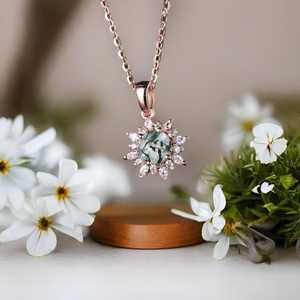 Collier en agate verte véritable, vintage, rond, plaqué or rose 14 carats, pendentif de mariée en argent 925 - Product Image 3