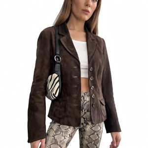Women's Brown Suede <b>Blazer</b> Long Sleeve Notched Collar Button Up Coat - Product Image 1