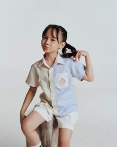 Pantalones cortos unisex bordados en blanco y caqui con cremallera para bebés, niñas y niños, pantalones vaqueros de tela estampados, venta al por mayor de La Decoration-Q007 - Product Image 2