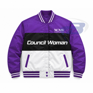 Chaqueta de carreras bordada para mujer de la hermandad NCNW, ropa griega vintage, chaqueta universitaria blanca y morada, personalizable con cualquier logotipo. - Product Image 1