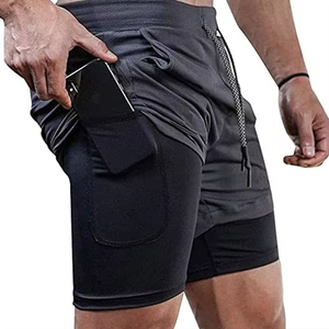 Shorts de sport et de yoga pour hommes à taille haute avec poches pour téléphone, design double couche, séchage rapide, tissu Oxford, couleur unie - Product Image 1