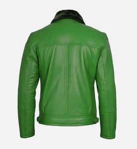 Green <b>Leather</b> Motorcycle <b>Jacket</b> <b>Men</b> Sherpa Lined Biker Coat Zip Up Casual Outerwear - Product Image 2