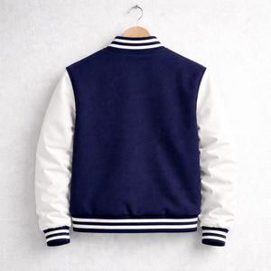 Chaqueta Varsity para Hombre en Color Azul Marino y Blanco con Bloques de Color, Cuello Alto, Estilo Béisbol, Chaqueta Letterman para Otoño - Product Image 6