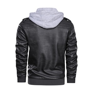 Blouson moto en cuir noir pour homme, col montant, fermeture éclair, coupe ajustée, à capuche, couleur unie, pour l'automne, manches classiques - Product Image 5