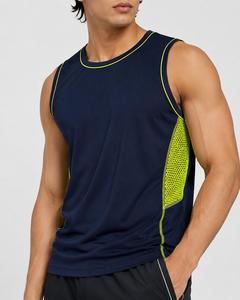 Débardeur Homme Tendance Bleu Marine avec Panneau en Maille Vert Néon Col Rond Sportif Tricoté 100% Polyester Respirant Écologique Séchage Rapide - Product Image 1