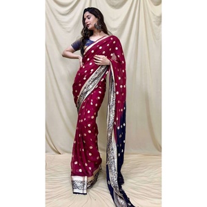VÊTEMENTS DE SOIRÉE SOFT GEORGETTE ZARI SAREE À TISSER AVEC BLOUSE SANS COUTURE MARRON - Product Image 1