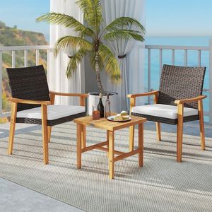 Set Bistrot da Esterno in Legno di Acacia, Collezione di Mobili da Giardino in Rattan PE a 3 Pezzi - Product Image 4