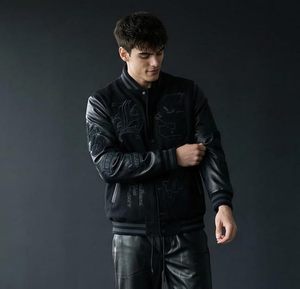 <b>Men's</b> Black PU Varsity <b>Jacket</b> <b>Letter</b> Design Turn-down Collar Casual Streetwear Style - Product Image 2