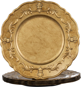 Assiette de présentation vintage dorée ronde décorative, assiette de table festonnée florale pour mariage et réception - Product Image 1