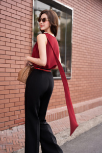 Women's <b>Red</b> Sleeveless <b>Scarf</b> Panel Blouse Metal Shoulder Detail Elegant Draped Top Polyester Spandex MIRVEN - Product Image 2