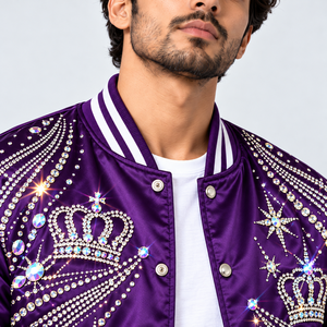Chaqueta Varsity de Satén con Pedrería de Lujo, Elegante Chaqueta Bomber con Cristales y Estrellas, con Dobladillo Acanalado, para Moda Urbana y Fiestas - Product Image 6
