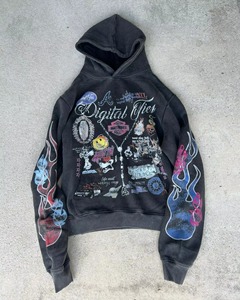 Sweat à capuche en coton imprimé vintage délavé, coupe ample, style streetwear hip-hop pour hommes - Product Image 1