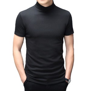 เสื้อยืดคอกลมแขนสั้นผู้ชาย สีพื้น ทรงเข้ารูป ผ้าถักผสมคอตตอนและสแปนเด็กซ์ เสื้อสวมใส่สบายสำหรับฤดูร้อน - Product Image 4