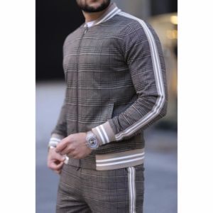 Custom Men's Plaid Tracksuit Set Side Stripe Bomber Jacket - Product Image 3