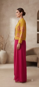Ensemble deux pièces pour femmes en velours côtelé 100% coton écologique, manches trois-quarts brodées, style sophistiqué printemps-été - Product Image 6