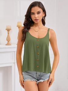 Camiseta sin mangas con botones para mujer, cuello en U, tirantes finos, blusa fluida de verano - Product Image 2