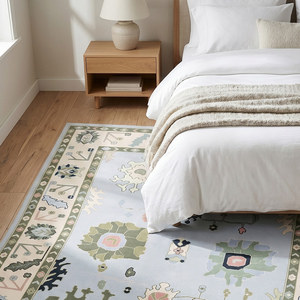 Alfombra de Lana Anudada a Mano de Lujo, Color Azul Claro con Diseño Floral, Pelo Plano, Grosor Medio, Alfombra Decorativa para Sala de Estar o Dormitorio - Product Image 2