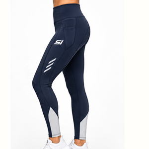 Leggings d'équitation pour femmes SI, taille haute, coupe ajustée, avec poches, pantalon d'équitation moderne, bleu marine avec accents blancs - Product Image 2