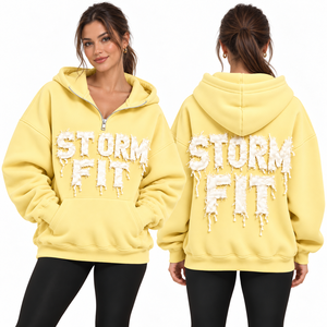 Sweat à capuche demi-zip jaune clair pour femme, coupe Storm Fit, avec lettres appliquées, épaules tombantes, poche kangourou, en polaire décontractée, style streetwear, coupe-vent - Product Image 1