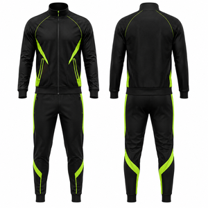 Ensemble de survêtement sportif pour homme, noir et vert lime, fermeture éclair intégrale, design 2 en 1, séchage rapide, vêtements d'automne avec poches latérales - Product Image 1