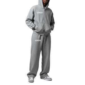 Ensemble sweat-shirt et pantalon de survêtement gris avec logo personnalisé |   Veste réversible pour homme en coton 100% poids lourd, coupe-vent, écologique, grande taille - Product Image 1