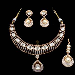Devangi Gold Plated Moissanite Designer <b>Bridal</b> <b>Necklace</b> <b>and</b> <b>Earring</b> <b>Set</b> - Product Image 4