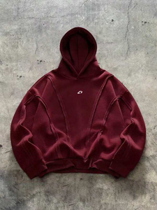 Wholesale Custom <b>Burgundy</b> Washed Fleece <b>Men</b> <b>Hoodies</b> Oversized Panel Construction Pullover Front Logo Autumn Winter Supplier - Product Image 2