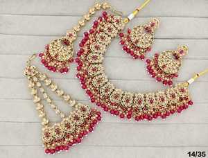 Ethnic Antique Gold Plated CZ Choker Necklace Set Beaded Drop <b>Floral</b> Cluster Bridal Jewelry Set With Earrings Mang Tika And Pasa - Product Image 5