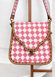 2026 Western Stylish Checks Design Gypsy Boho Handbags Premium <b>Leather</b> Handcrafted Pink & <b>White</b> Checkered Women's Messenger <b>Bags</b> - Product Image 5