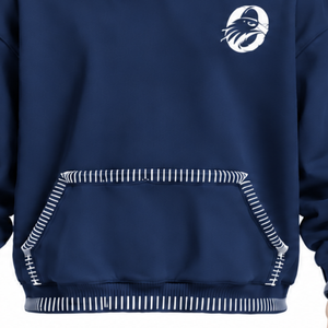 <b>Navy</b> Blue Stitched Border Distressed Hoodie Oversized Pullover Sweatshirt Contrast Stitch Kangaroo Pocket Casual Streetwear <b>Top</b> - Product Image 6