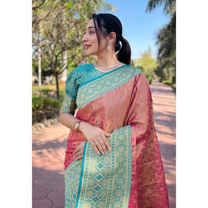 Conjunto de Sari de Tela Rosa Puro con Tejidos en Contraste con Bordado Zari de Elite Weaves para Mujer - Product Image 2