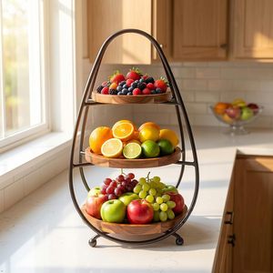 Support à 3 niveaux en bois rond avec cadre en métal noir, présentoir décoratif pour la maison, la cuisine et le comptoir - Product Image 2