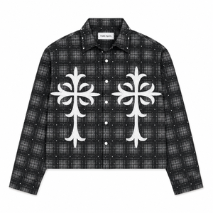 Chemise en flanelle à carreaux brodée style streetwear pour hommes et femmes, coupe oversize vintage en coton noir et gris, manches longues, style gothique décontracté - Product Image 2
