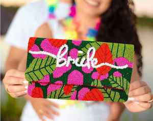 Handmade Embroidery Crafts Bride <b>Clutch</b> Purse Rectangular Shape <b>Pink</b> Green Cotton Textile Wedding Gift - Product Image 2