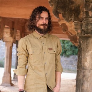 Premium Hand-Stitched <b>Men</b>’s Khaki Cotton Canvas <b>Utility</b> <b>Shirt</b> Artisanal Earthy Ochre Button-Down <b>Shirt</b> - Product Image 1