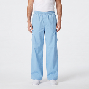 Pantalones Cargo Oxford Azul Claro, Cintura Alta, Cordón Elástico, Largos, Estilo Casual de Otoño, Pierna Ancha Plana, Corte Regular - Product Image 1